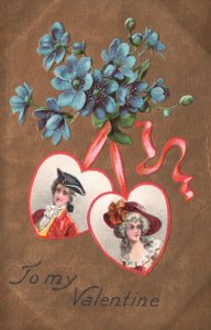 Vintage Postcard To My Valentine Violet Two Hearts With Pictures Greeting Wishes