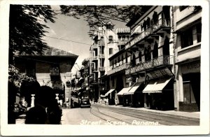 RPPC Street Scene, Panama, La Luna, Parada Cafe, clock, PM Balboa 1951 Postcard