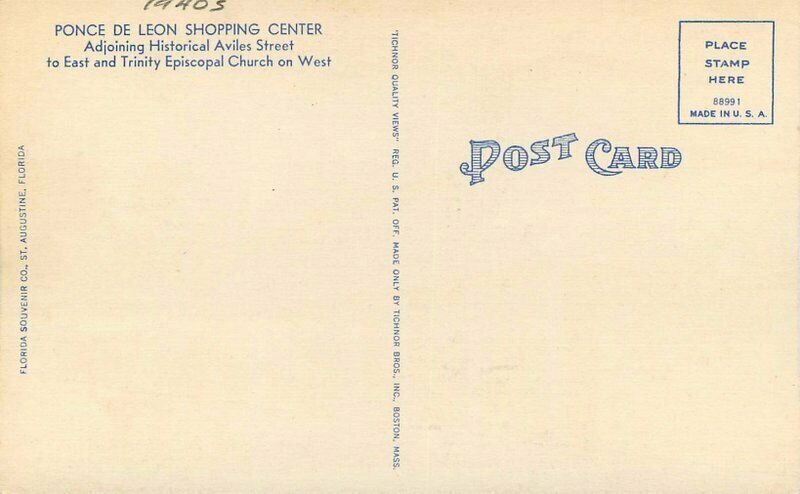 Ponce De Leon Shopping St Augustine Florida Postcard 1940s Tichnor 21-3485