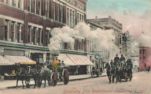 Sandusky OH Horse Drawn Fire Fighting Department Answering A Call  Postcard