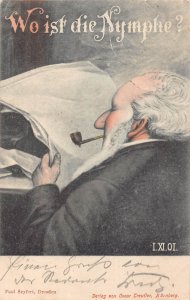 Wo is die Nymphe? 1902 Allegoric Nude Woman Old Man Pipe Smoking postcard C356