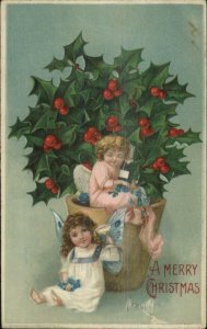 Christmas - Cherub Children Drinking Champange Potted Holly Bush Postcard