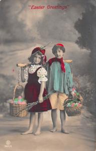 Easter Greetings Children Egg Baskets Tinted Real Photo Antique PC (J27200)