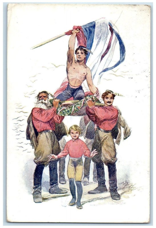 1926 Two Men Carrying Man Holding Flag and Kid Soloska Czechoslovakia Postcard