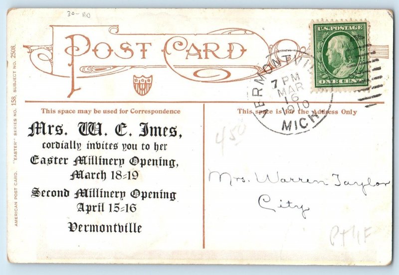 Easter Greeting Children Big Hat Flowers Easter Millinery Advertising Postcard