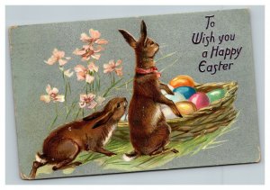 Vintage 1909 Tuck's Easter Postcard Cute Bunnies Basket Colored Eggs Silver Face