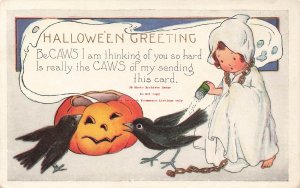 370295-Halloween, Whitney No WNY24-1, Girl in Ghost Costume Pouring Salt on Crow