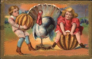 Thanksgiving Children Ride Pumpkins Turkey c1910 Vintage Postcard