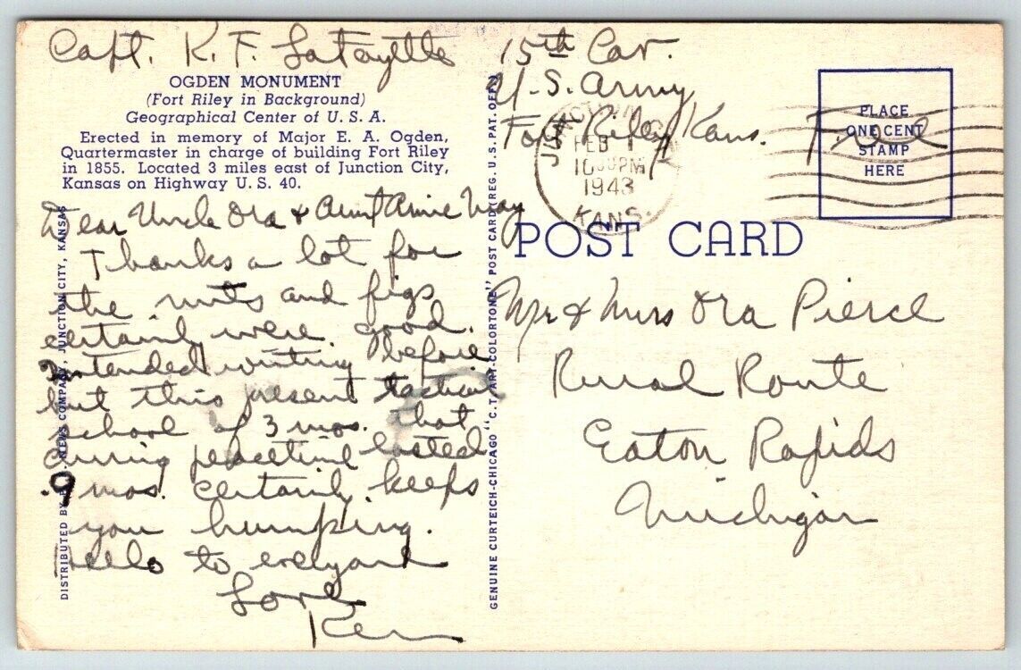 Vintage Kansas Postcard - US Army WW2 Fort Riley Captain Lafayette 1st ...