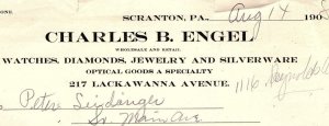 1908 CHARLES B ENGEL SCRANTON PA WATCHES DIAMONDS JEWELRY BILLHEAD INVOICE Z2291