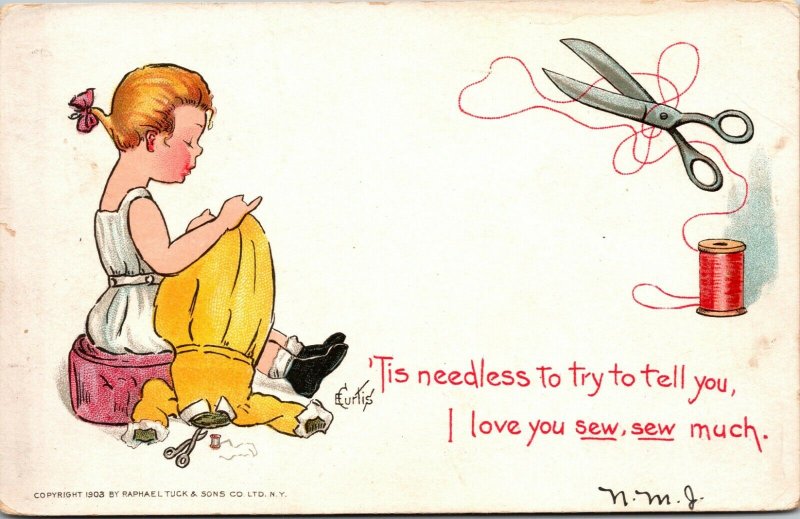 Curtis Artist Signed Valentine Postcard Child Sewing - Tuck - circa 1906