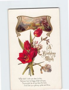 Postcard Birthday Greeting Card with Poem and Flowers Roses Embossed Art Print