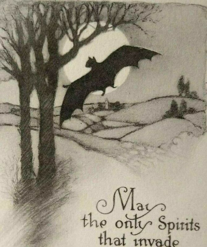 Halloween Spirits Fantasy Postcard Gibson Vampire Bat Flyers By Full Moon Sepia  