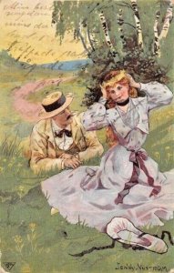 BEAUTIFUL WOMAN-STYLISH DRESSED MAN ROMANCE IN GRASS~JENNY NYSTROM ART  POSTCARD