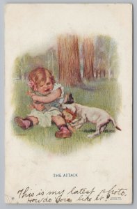 Greetings~Small Girl & Her Doll Being Attacked By Dog In Woods~Vintage Postcard 