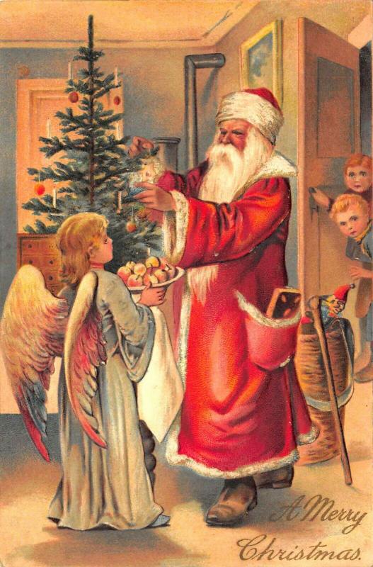 A Merry Christmas Red Robed Santa Claus Tree Angel Apples Children PFB Postcard