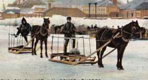 HORSES PULL SLEDS-WINTER SCENE ON THE ST LAWRENCE QUEBEC CANADA 1908 POSTCARD