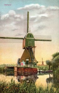 Vintage Postcard 1910s Dutch Windmill Lake Holland Netherlands NL