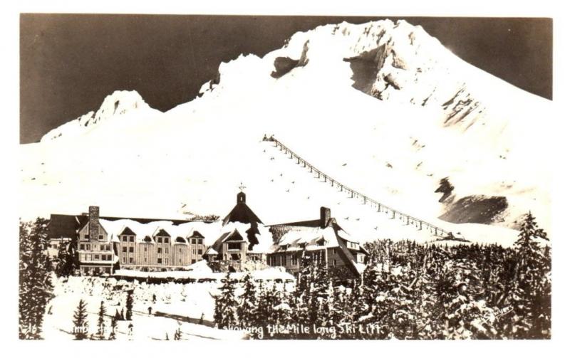 1949 RPPC Timberline Lodge, Mt. Hood and Mile Long Ski Lift Real Photo Postcard