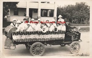 Memorial Day Parade, RPPC, All Women Suffrage Band in Patriotic Truck Float