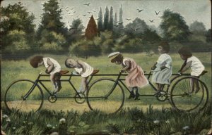 Multiple Kids Fantasy Tandem Bicycle Fantasy c1910 Postcard