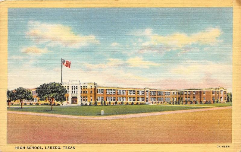 Laredo Texas~High School Building~American Flag Sticks Out~1940s Linen Postcard