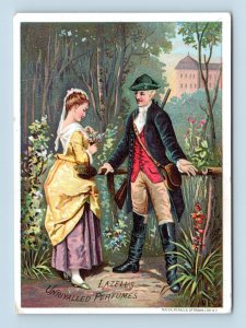 1880's Lazell's Unrivaled Perfumes Trade Card Colonial Couple Garden Scene I16