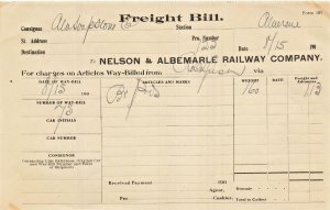 NELSON AND ALBEMARLE RAILWAY COMPANY VA-ABERENE-FREIGHT RECEIPT~1900s BILLHEAD