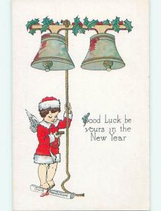 Unused Divided-Back new year ANGEL IN SANTA COSTUME RINGS BELLS r3914