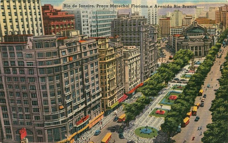 RIO de JANEIRO PRACA MARECHAL FLORIANO E AVENIDA RIO BRANCO POSTCARD c1950s