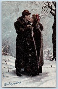 Rochester NH Postcard Couple Romance Kissing Ford Greeting Snowflakes Tuck 1908