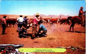 Kemmerer, WY Wyoming  KEMMERER CAFE Advertising CATTLE BRANDING ca1950s Postcard
