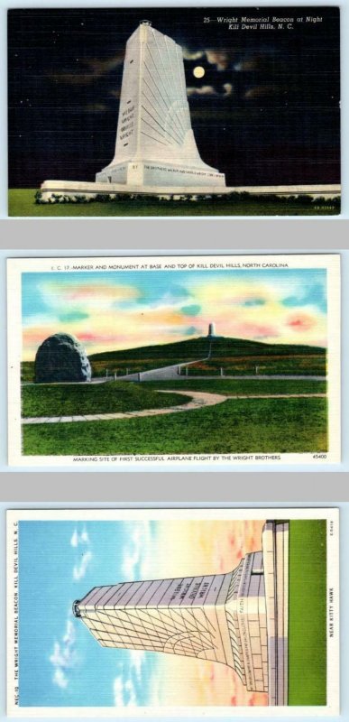 3 Postcards KILL DEVIL HILLS, NC ~ Night/Day WRIGHT MEMORIAL BEACON c1940s