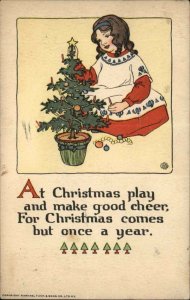 Tuck Glad Christmas Little Girl Decorates Small Tree Vintage Postcard
