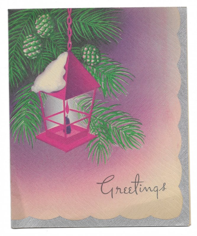 VINTAGE 1940s WWII ERA Christmas Greeting Card Art Deco CANDLE LAMP IN PINE TREE