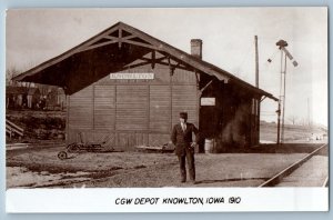 1910 Knowlton Iowa CGW Railway Railroad Train Depot Station RPPC Photo Postcard
