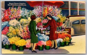 San Francisco California 1940s Postcard Street Flower Venders Ladies Shopping
