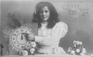 C-1910 Midnight New Year Clock Girl RPPC real photo postcard 5226