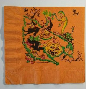 Halloween Vintage Crepe Paper Napkin Black Cat Witch Ghost Spook Mary Dorman Art