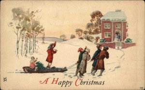 Christmas Winter Scene Young People Sled Tree c1910 Vintage Postcard