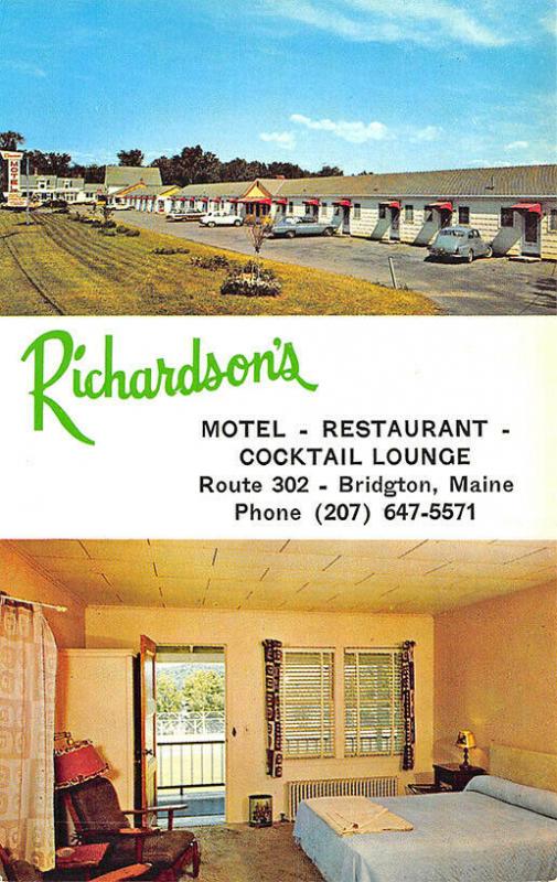 Bridgton ME Richardson's Motel Restaurant Cocktail Lounge Old Cars Postcard