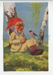 444004 MULLER Kind GNOME Dwarf Bird bullfinch Vintage postcard