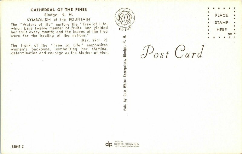 Cathedral Pines Rindge New Hampshire NH Symbolism Fountain Postcard VTG UNP 