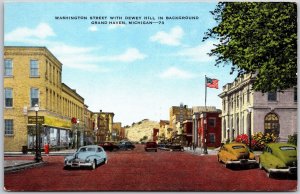 Washington Street Dewey Hill in Background Grand Haven Michigan MI Postcard