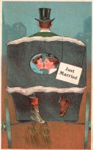 Vintage Postcard Just Married Kissing Carriage Lovers Kiss Each Other Wine