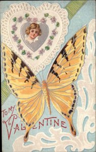 Valentine's Day Butterfly Children Heart Faces Embossed c1900s-10s Postcard 1