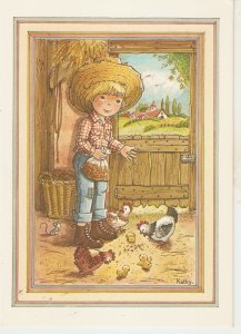 Girl feeding the animals in farm Nice French postcard. Size 15 x 10.5 cms