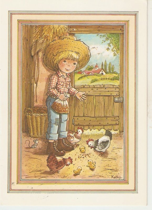 Girl feeding the animals in farm Nice French postcard. Size 15 x 10.5 cms