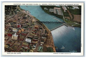 c1920's Davenport & Rock Island Illinois Arsenal Government Bridge Dam Postcard