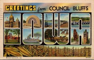 Iowa Greetings From Council Bluffs Large Letter Linen 1947 Curteich